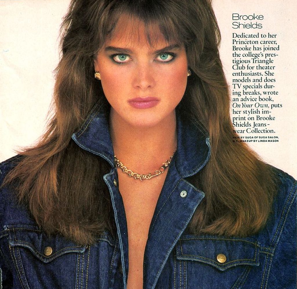 Brooke Shields sporting a denim jacket for Cosmopolitan. Image: Jacques Malignon, 1985.